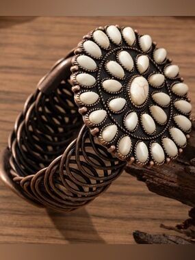 Bohemian White Stone Bronze-Tone Statement Cuff Bracelet Womens Boho Jewelry NWT